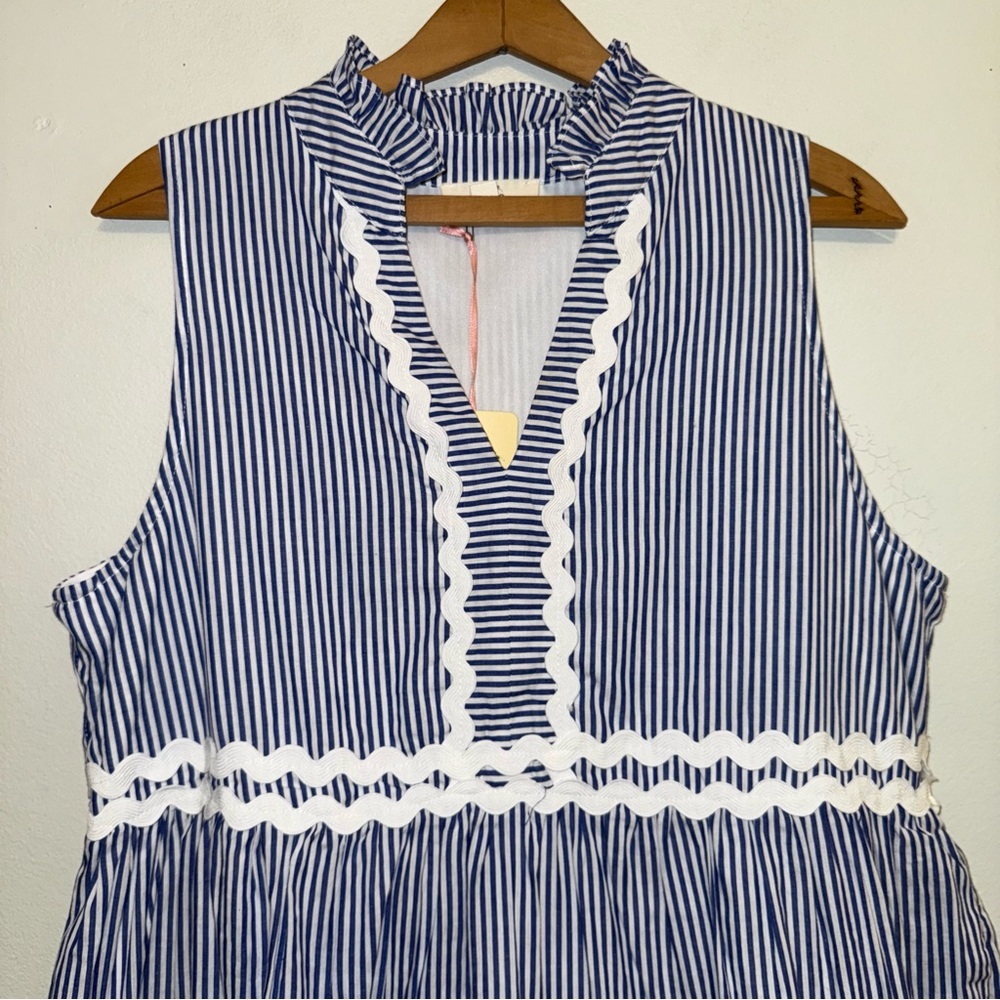 NEW Entro Womens Dress Large Navy Tiered Striped Dress Rick Rack Trim Lined - Picture 2 of 9